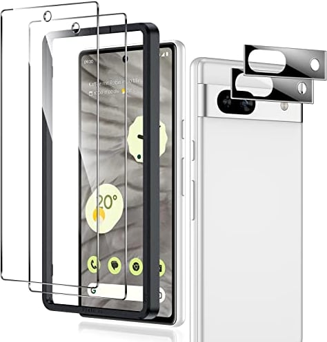 LK 2 Stück Schutzfolie Kompatibel mit Google Pixel 7a, 2 Panzerfolie & 2 Kameraglas, Blasenfreie Vollständige Abdeckung Fingerabdruck-ID, Unterstützen 9H Härte, Pixel 7a HD Folie mit Einbaurahmen