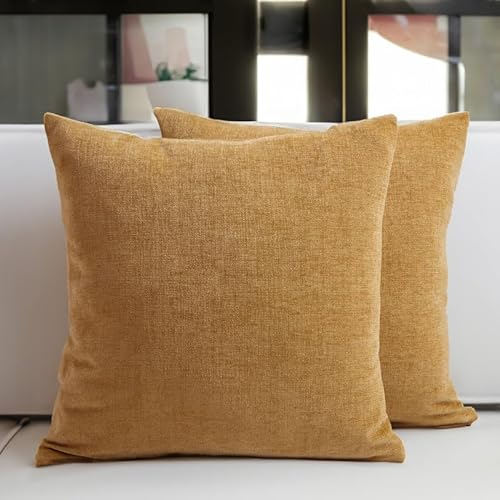 Encasa XO Chenille Kissenbezüge Set von 2 | Senf - (18x18) (45x45 cm) | Dekorative Akzent Quadratische Wurfkissenbezüge Für Couch, Heimdekoration, Sofa
