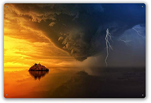 Letrero de metal de 12 x 8 pulgadas (30 x 20 cm) para isla, océano, atardecer, cielo, aguas, tormenta, intermitente, naranja, azul, isla, vintage, decoración de pared, placa de puerta para cocina