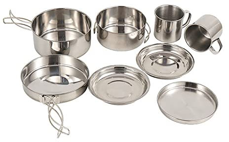 ROSEBEAR 8Pcs Camping Cookware Set - Stainless Steel Cooking Kit, Plates, Cutlery and Pans for Backpacking and Hiking