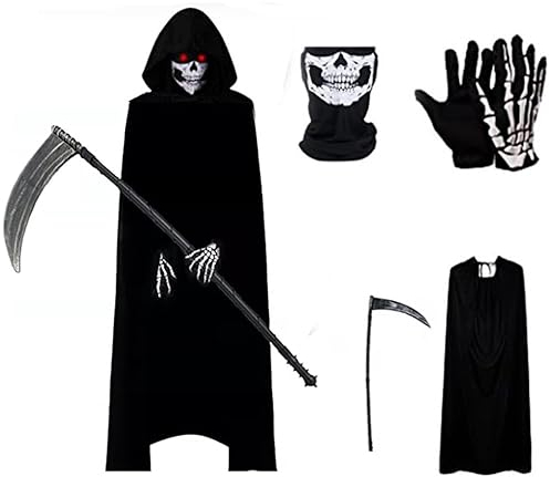 Amebleak Deguisement Faucheuse Adulte, Halloween Déguisement, Costume avec Masque de Crâne, Gants, Faux, Cape à Capuchon Noire pour Cosplay Carnaval