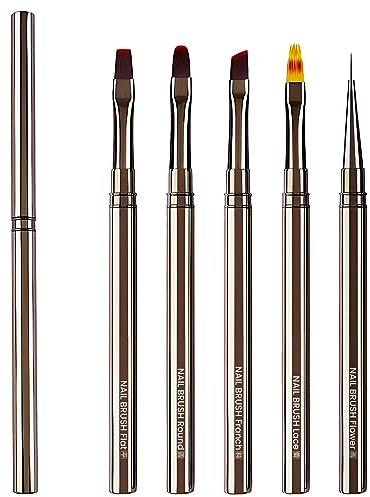 Lokaloka Nagel Pinsel Set für Gelnägel Nagellack Nailart Nail Art mit Deckel und Ombre Brush, 5 Stück Pinselset French Fein Dünn Fineliner Rund für UV Nägel Gel Neonail Acryl Nageldesign Profi