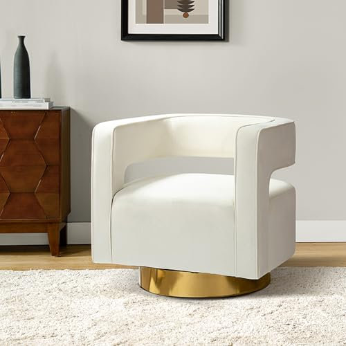 HULALA HOME Swivel Armchair, Modern Velvet Accent Chair with 3D Curved Open Back & Swivel Gold Metal Base, Velvet Club Lounge Chair for Customer Reception Store Decorations, Ivory
