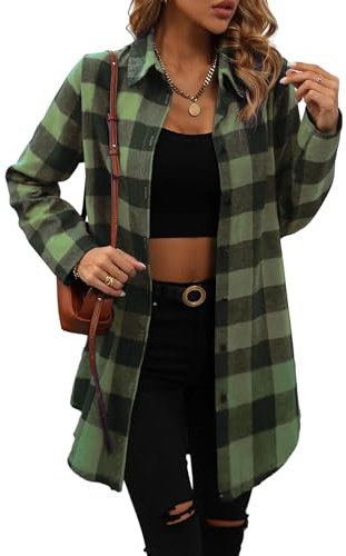 Jhsnjnr Women's Flannel Plaid Button Down Long Shirts Oversized Checked Long Sleeve Blouse Tops Green