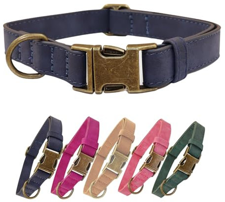 THAIN Soft Leather Dog Collar, Heavy Duty Metal Buckle Padded Dog Collar Quick Release, Adjustable Pet Collar for Small Medium Large Dogs Breeds (Dark Blue, M)