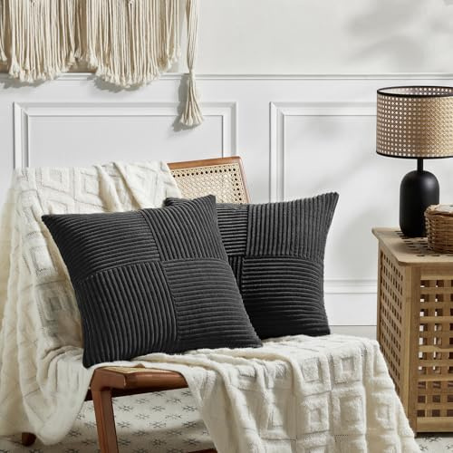 FDTERN 2er Set Schwarz Kordsamt Kissenbezug 50x50CM Weich Moderne Dekorative Kissenbezüge Kissenhülle Dekokissenbezug Sofakissen Dekokissen Boho Deko für Sofa Schlafzimmer Wohnzimmer Balkon