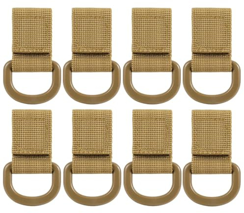 Peminkoo 8 x Taktische Multifunktions-Nylon-Molle-Gurtbänder, D-Ringe, Karabiner, magisches Klebeband, Schlüsselanhänger, Rucksack, Haken, MOLLE-Schnalle (Tan)