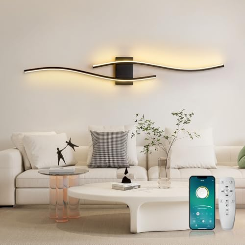 YOODI LED Wandleuchte Innen 100cm, 35W Lange Wandlampe Innen Dimmbar 3000-6000K, Wandleuchte Schlafzimmer mit Fernbedienung und App, Wand Lampen für Wohnzimmer Treppenhaus Beleuchtung, Schwarz