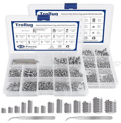 1305PCS Metric + SAE Set Screw Assortment Kit, Internal Hex Drive Headless Set Screw Assortment Kit with 10 Hex Wrenches, M3 to M8 and 1/8-40 to 5/16-18 (304 Stainless Steel)