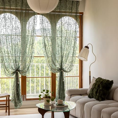 TUDECO Dunkelgrüne Vorhänge, 244 cm lang, antike bestickte Spitze, durchscheinende Vorhänge für Wohnzimmer, Bauernhaus, Sommer, Blumenwald, Rüschenvorhänge, Stangentasche, 2 Stoffbahnen, 2,4 m, 150 x