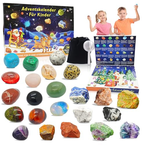 Adventskalender 2025 Kinder Edelsteine Mädchen Jungen Weihnachtskalender Steine Kristalle Weihnachtsgeschenke für Kinder Geschenke Weihnachten Geschenk Junge 10 11 12 4 5 8 6 7 9 Jahre