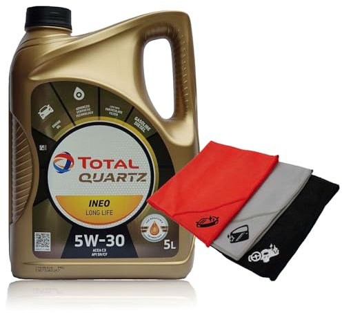 TOTAL Quartz Ineo LongLife 5W-30 Motoröl - 5L Flasche + 3x Microfasertücher Set (40×30 cm)