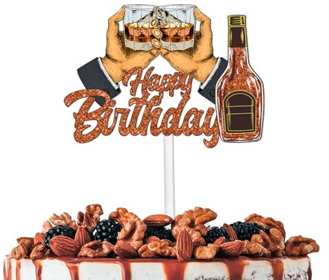 Brown Glitter Whisky Glass Happy Birthday Cake Topper Cheer to Whiskey Theme Party Decoration Supplies Men Women Happy Birthday Anniversary Wedding Party Decor Supplies