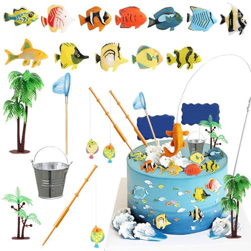 20 PCS Birthday Decorations - Gone Fishing Party Supplies - Sunfish, Trout, Bass Cake Toppers