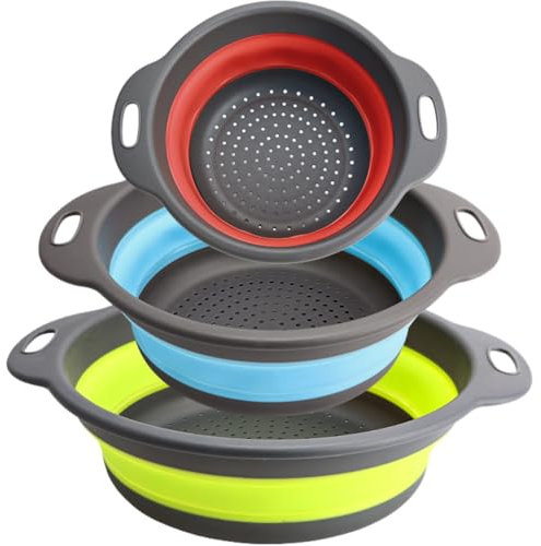 Surwin 3 Pcs Collapsible Colanders, Big Small Combination Silicone Colander, Foldable Filter Drain Baskets, Kitchen Strainer for Draining Pasta Fruits Vegetable Colanders (Red)