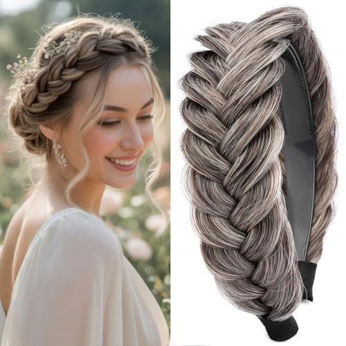 GLEDOLA Bandeau large tressé avec dents en cheveux synthétiques tressés haute élasticité pour filles et femmes (gris marron)