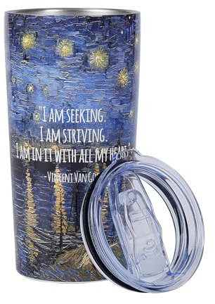 1st Heaven Van Gogh Thermobecher 600ml – Auslaufsicherer Kaffee Tumbler mit Deckel, isolierter Edelstahlbecher, Kunstmotiv, Geschenk für Kunstliebhaber (Sternennacht über der Rhone)