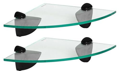 Harbour Housewares Floating Glass Bathroom Corner Shelves - 20cm - Clear/Black - 2x Wall-Mounted Kitchen Bedroom Shower Room Décor Caddy Towel Storage Organiser Shelving Rack with Brackets