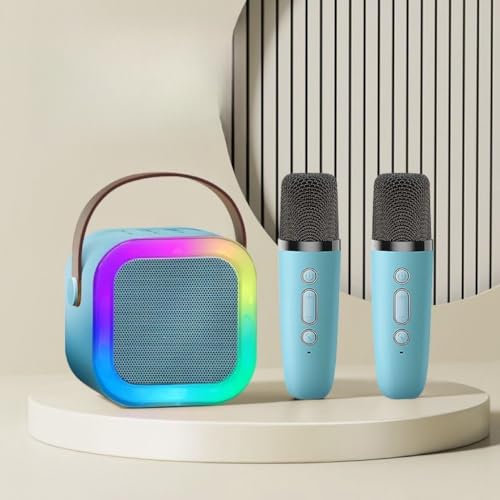BRAVECOW Mini Machines Karaoke, Kids Adults Portable Bluetooth Speaker 2 Wireless Microphones Voice Changing Effect LED Lights Family Home Girls Boys Birthday Gift Party (Blue)