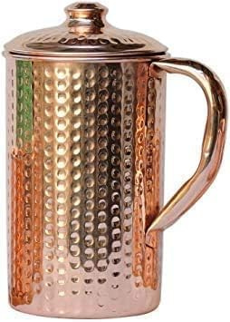 Jarra de agua de cobre puro con tapa, diseño martillado, jarra de almacenamiento de agua potable para el hogar, la oficina y los viajes, paquete de 1 jarra de cobre (2000 ml)
