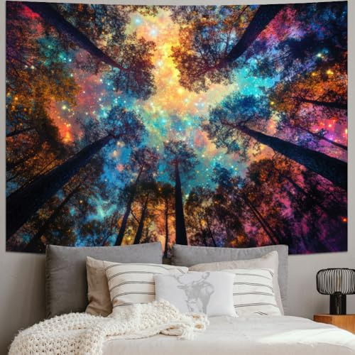 Amhokhui Bunter Wald-Tapisserie, Naturlandschaft, Wandteppich, geheimnisvoller Himmel, psychedelisch, ästhetisch, Sternennacht, Wandteppich, Trippy Galaxy, Weltraum, Wandbehang, Dekoration für Zuhause
