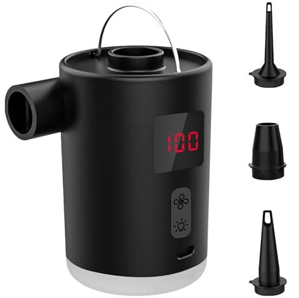Bomba de aire eléctrica – Bomba con 4 boquillas para piscina infantil | Bomba de cama inflable | Portátil | Compresores recargables de inflado rápido con lámpara LED para camping, invitados, fiestas