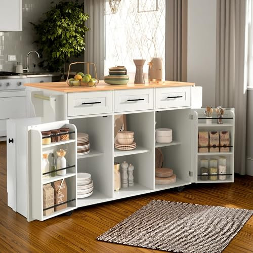 Carro de Cocina con Ruedas, Armario Auxiliar Grande 139x46x91.5 cm, Madera Maciza Gris y Encimera de Mármol Blanco, Superficie Plegable, 2 Puertas de Almacenamiento