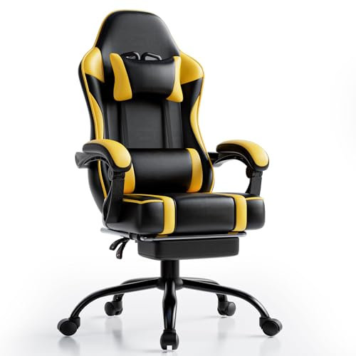 Sedia Gaming Ergonomica, Poltrona Gaming con Schienale Regolabile, Sedia da Gamer con Poggiatesta e Supporto Lombare, Sedia Gamer in Pelle Sedia Gaming con Poggiapiedi (Cuscino piatto, Giallo)