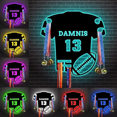 Espositore per medaglie da rugby personalizzato con nome del giocatore sportivo a tema gara, espositore da parete con porta nome, decorazione da parete, regalo ispiratore per atleti