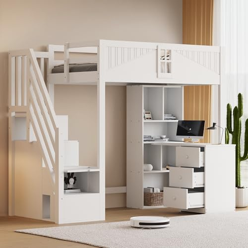 Wyibwy Letto a soppalco per ragazzi 90x200cm,con armadietti,scrivania e cassetti,Letto a castello con porta unica con finestra,Letto in legno con scaletta portaoggetti laterale intercambiabile,bianco