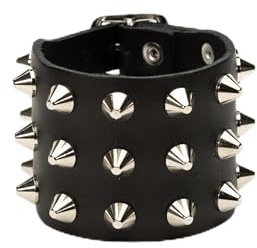 Heart Rock Bracciale uomo pelle vera regolabile con borchie a cono in ottone, fibbia regolabile da 17 a 20,5 cm e minuteria in ferro nickel free - Made in italy