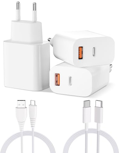 USB-C Ladegerät 20W Dual Port USB-C + USB-A Netzteil Adapter für iPhone, Samsung, iPad, Schnellladegerät USB Stecker (3 Pack+2 Cable)