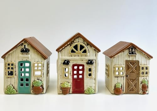 Tealight Candle Holders Housewarming Gift Village Pottery House Ornament Garden Shed (Red Door Single House)