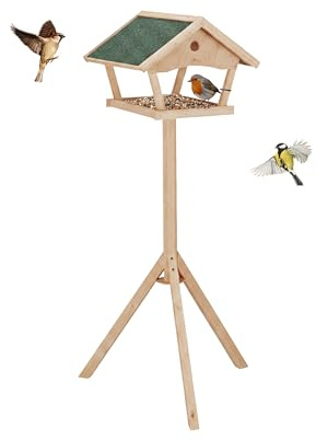 Relaxdays Bird Feeder with Stand, 137 cm high, weatherproof roof, garden & patio, birdhouse, pine wood, natural