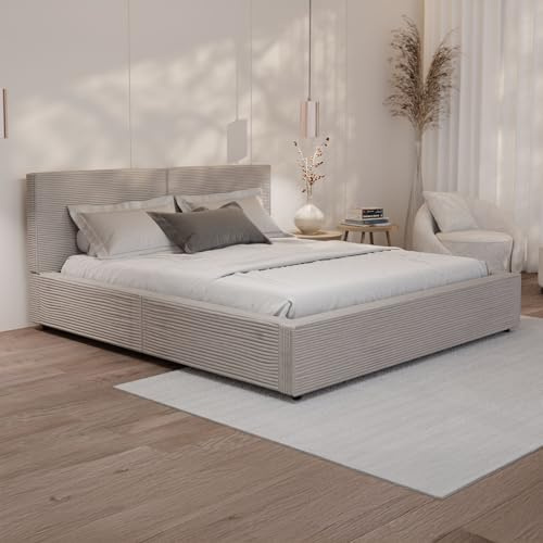 Juskys Polsterbett Salerno 180 x 200 cm – Cord Taupe, modernes Bett mit Kopf- & Fußteil, stabilem Holz- & Metallrahmen, Lattenrost, 500 kg Tragkraft