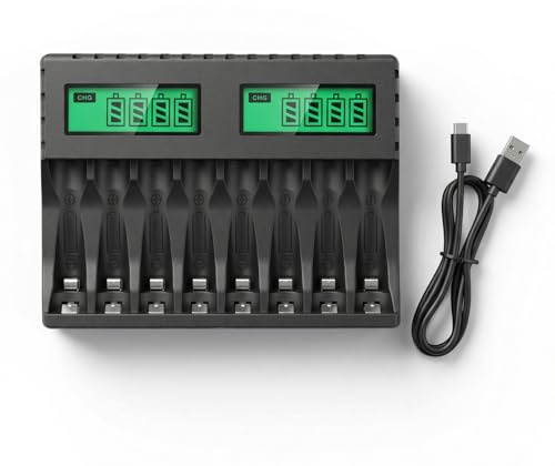 Carehabi Cargador Pilas Recargables AA y AAA Ni-MH con 8 Ranuras, Cargador de Pilas Recargables con Pantalla LCD y USB-C, Cargador de Batería (1.2V)