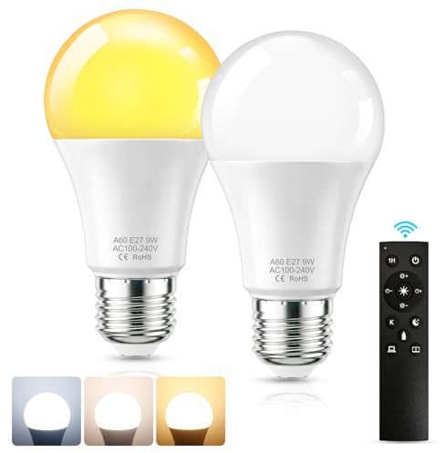 SCNNC A60 Lampadina LED E27 con Telecomando 9W Dimmerabile 3 Temperature di Colore 3000K-6500K, Lampadine LED E27 con Timer e Memoria Funzioni, 1 Telecomando e 2 Lampadina