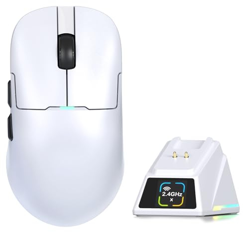 A.JAZZ AJ159P MC PRO Superlight Kabellose Gaming-Maus, RGB Ladedock-Weiß | Tri-Mode Bluetooth/2.4G/USB-Kabel Computer Mice, Optischer PixArt PAW3311 Sensor mit 24.000 DPI für PC/Mac