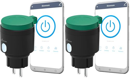 NIVIAN Enchufe Inteligente WiFi Exterior IP44, Control Remoto App Tuya, Medición de Consumo, Programación Horaria y Temporizador, Smart Home Jardín, Compatible con Alexa y Google, App Smartlife