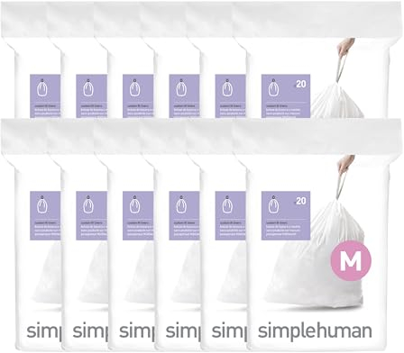 simplehuman Code M Custom Fit Drawstring Trash Bags, 45 Liter/12 Gallon, 12 Refill Packs (240 Count)