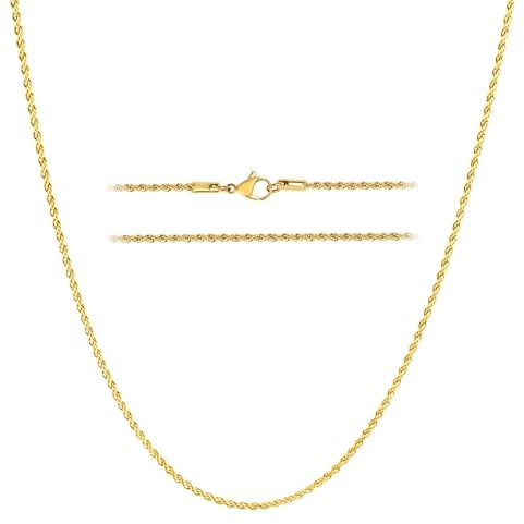 KISPER 18k Gold Hip Hop Braided Rope Chain Necklace – 2mm Gold Plated Solid Stainless Steel Durable Jewelry for Women & Men with Lobster Clasp, 18