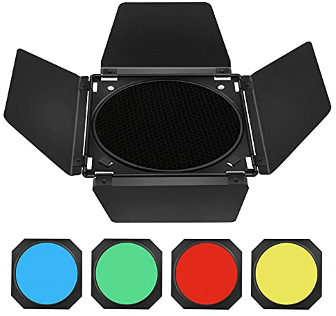 Godox BD-04 Barn Door Metall Scheunentür und Wabengitter und 4 farbige Gelfilter,kompatibel mit Standard-Reflektoren Bowens Mount Kompatibel GODOX LED NEEWER Amaran Aputure LED Video Light