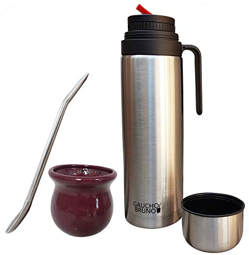 Guacho Bruno Mate de forma tradicional con bombilla y termo- re usable y fácil de lavar - para viajes y el hogar