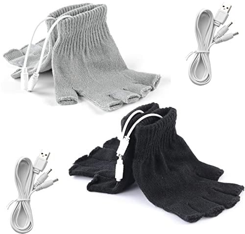 2 Pairs USB Heated Gloves for Men and Women, USB 2.0 Powered Stripes Heating Pattern Knitting Wool Heating Mittens Hands Warmer Fingerless Washable Design Winter Gift (Black & Gray)