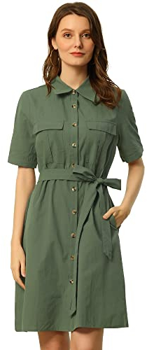 Allegra K Damen Safari Kleider Sommer Baumwolle Kurzarm Gürtel Button Down Hemdkleid, armee-grün, 34
