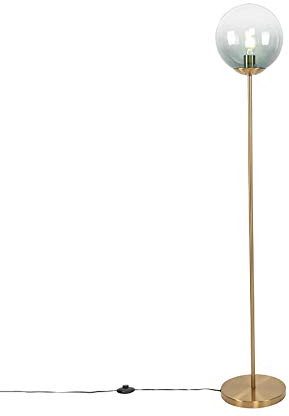 Qazqa - Art Deco Art Deco Stehleuchte I Stehlampe I Standleuchte I Lampe I Leuchte Messing mit grünem Glas - Pallon Mezzi I Wohnzimmer I Schlafzimmer - Länglich - LED geeignet E27