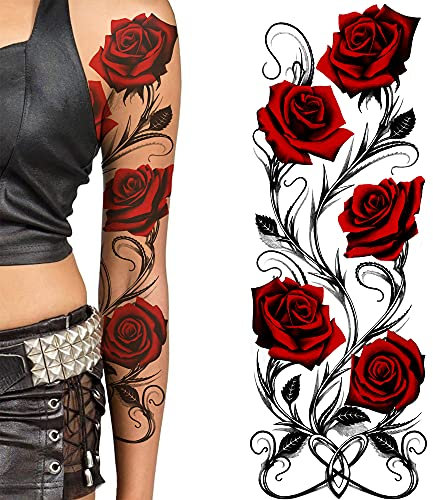 Temporäre tattoo-ärmel für frauen aufklebbare blume rose flora blumen erwachsener temporärer tattoo-aufkleber übertragung weiblicher körper kunst realistisch wasserdicht (Rote Rose)