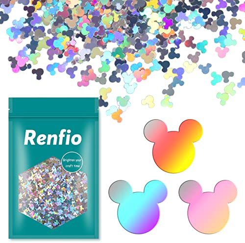 Renfio Holographic Mickey Mouse Confetti Glitter 1.75 Oz (50g) Mickey Mouse Shape Shiny Sequin Glitters Resin Sparkle Chunky Sequins for DIY Mold Art Nail Artwork Holiday Decoration - Laser Silver