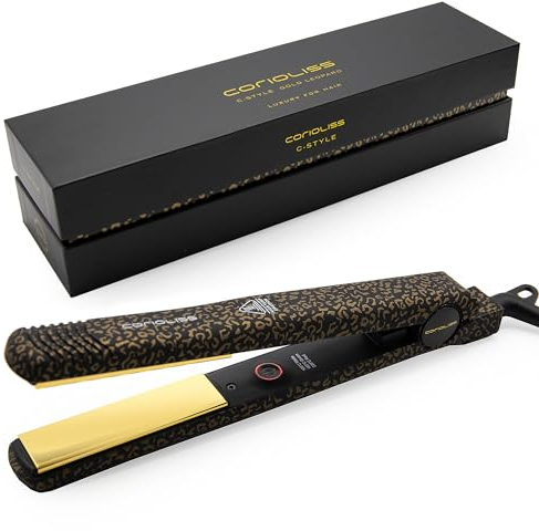 Corioliss C-Style | Plancha del Pelo | Placas de Titanio | Control de Temperatura 165º-220º | Iónica Antifrizz | Alisado y Ondas | Calentamiento 30 Seg | Cable Giratorio (Leopard Gold)
