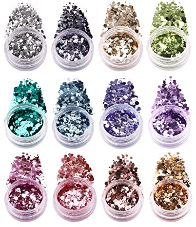 BISHENGYF【Upgrade】12 Glitzerpuder Pailletten, Holografische Meerjungfrau Pulverflocken, Metallisch Glänzende Glitzer Basteln, Aluminium Pulver Flocken für Nagelkunst und Handwerk